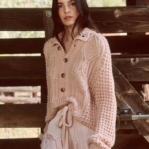THE GREAT. Chunky Knit Cardigan - Pale pink